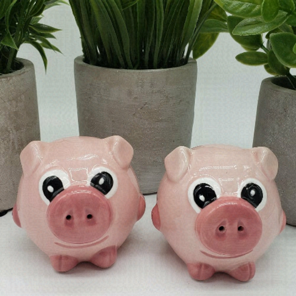 Pink Ceramic Glazed Pig Salt & Pepper Set with Stoppers